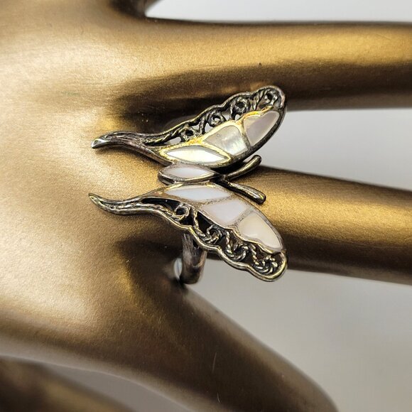 Silver and MOP Butterfly Ring 925 Sterling Silver, Butterfly Filigree Size 5.25 - Picture 3 of 15